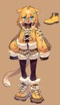  1girl :3 absurdres ahoge animal_ears ankle_boots arms_at_sides black_bodysuit blue_eyes body_fur bodysuit bodysuit_under_clothes boots brown_background brown_fur brown_shorts cat_ears cat_girl cat_tail cross-laced_clothes drawstring fang fur-trimmed_boots fur-trimmed_jacket fur-trimmed_shorts fur-trimmed_sleeves fur_trim furry furry_female hair_between_eyes hair_ornament highres jacket long_sleeves looking_at_viewer medium_hair open_mouth orange_hair orange_jacket original personification shiiorina shorts simple_background slit_pupils smile solo standing tail whiskers x_hair_ornament yellow_footwear 