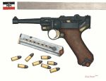  2016 absurdres ammunition artist_name bullet cartridge commentary cross english_commentary german_text grey_stripes gun handgun highres imperial_german_flag iron_cross luger_p08 magazine_(weapon) no_humans original screw simple_background single_stripe still_life stopsigndrawer81 traditional_media translated weapon weapon_focus white_background 