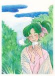  1girl :3 absurdres blowing blush cable_knit closed_eyes closed_mouth colored_pencil_(medium) cup earrings grass green_hair hair_ribbon hatsuseno_alpha highres holding holding_cup jewelry outdoors pink_shirt ponytail ribbon shirt sky traditional_media upper_body whipcreamtea yokohama_kaidashi_kikou 