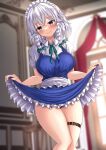  1girl blue_dress blue_eyes blurry blurry_background blush braid breasts closed_mouth clothes_lift collared_shirt commentary dress dress_lift feet_out_of_frame grey_hair highres indoors izayoi_sakuya large_breasts lifted_by_self looking_at_viewer maid maid_day maid_headdress medium_hair panties reijing_etrn shirt short_sleeves side_braids smile solo thick_thighs thigh_strap thighs touhou twin_braids underwear white_shirt 