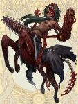  1girl :d arm_cannon belt black_coat black_sclera blood blood_on_arm bone_tail breasts brown_belt centaur chainsaw character_request chest_belt coat collarbone colored_sclera commentary_request dairoku_ryouhei dark-skinned_female dark_green_hair dark_skin exposed_bone exposed_muscle extra_arms extra_eyes extra_mouth full_body hand_on_own_head hands_up highres kajaneko long_hair looking_at_viewer medium_breasts monochrome_background monster_girl open_mouth orange_pupils rearing sharp_teeth skeletal_arm smile solo standing tail taur teeth torn_clothes torn_coat tree weapon yellow_eyes 