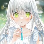  1girl :o blue_ribbon blurry blurry_background blush braid bubble bubble_pipe collarbone green_eyes hair_ornament hair_ribbon highres holding light_blush long_hair original portrait ribbon shirt soap_bubbles solo tank_top tasuku_(otomebotan) teeth twin_braids white_hair white_shirt 