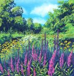  blue_sky cloud day flower garden madeleine_bellwoar no_humans original outdoors plant purple_flower sky tree yellow_flower 