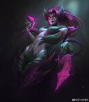 1girl absurdres artist_name branch chinese_commentary claws closed_mouth colored_sclera cowboy_shot dark_background glowing glowing_eyes highres league_of_legends long_hair looking_at_viewer looking_down monster_girl navel plant_girl red_hair red_sclera shashibaya signature simple_background solo stomach thighs yellow_eyes zyra 