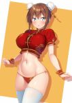  1girl :o amasawa_chigusa blue_eyes breasts brown_hair bun_cover button_gap covered_nipples cowboy_shot crop_top double_bun embarrassed gold_trim groin hair_bun highres kazuma_(kazumav) large_breasts looking_at_viewer navel no_pants open_mouth original panties red_panties red_shirt shirt short_hair short_sleeves skindentation solo standing stomach string_panties sweatdrop thighhighs thighs underwear white_thighhighs wrist_cuffs 