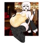  anthro beverage black_lips bodysuit circle_eyebrows clothing eyebrows eyes_closed female floppy_ears guronolock hand_on_stomach hi_res jewelry lagomorph legwear leporid lips lop_ears mammal navel outie_navel pregnant pregnant_female rabbit sitting skinsuit smile solo stockings thigh_highs tight_clothing 