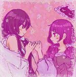  2girls black_hair blush eye_contact facing_another hair_ornament hair_over_shoulder hair_scrunchie idolmaster idolmaster_shiny_colors interlocked_fingers light_smile looking_at_another multiple_girls pinky_swear profile purple_hair scrunchie shirase_sakuya side_ponytail star_(symbol) tanaka_mamimi taruko_(dorodorosoup) twintails upper_body 