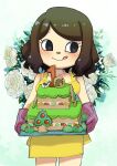  1girl absurdres animal_crossing apron bare_shoulders black_eyes breasts brown_hair cake closed_mouth collarbone cowboy_shot flower food highres holding holding_tray legs_apart looking_to_the_side medium_breasts muramasa_mikado oven_mitts rose short_hair smile solo standing swept_bangs tongue tongue_out tray villager_(animal_crossing) white_flower white_rose yellow_apron 