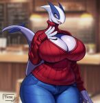  absurd_res anthro big_breasts blue_body breasts cleavage clothed clothing english_text female generation_2_pokemon hi_res huge_breasts legendary_pokemon lugia mature_female nintendo pokemon pokemon_(species) sweater text thyhsilverfeet topwear white_body 