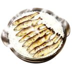  absurdres fd375575 fish_(food) food food_focus highres no_humans original rice simple_background steam still_life white_background 