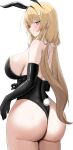  1girl animal_ears ass backless_leotard black_gloves black_leotard blonde_hair blue_eyes blush breasts closed_mouth commentary cowboy_shot elbow_gloves fake_animal_ears fake_tail from_behind frown furrowed_brow gloves hair_intakes highres huge_ass large_breasts leotard long_hair looking_at_viewer looking_back original playboy_bunny rabbit_ears rabbit_tail sideboob sidelocks simple_background solo standing strapless strapless_leotard sweat tail tongtangtong twintails white_background wing_hair_ornament 