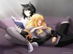  2girls animal_ear_fluff animal_ears ankle_socks black_hair blake_belladonna blonde_hair book breasts cat_ears closed_eyes couch english_commentary fingernails highres large_breasts light_rays light_smile long_fingernails long_hair lying multiple_girls on_back reading rwby sitting sleeping socks yang_xiao_long yaya_(y8ay8a) yellow_eyes yuri 