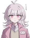  1girl :&lt; alternate_costume blunt_bangs brown_vest character_request check_character collared_shirt danganronpa_(series) danganronpa_2:_goodbye_despair ear_piercing earrings grey_shirt highres jacket jewelry long_hair nanami_chiaki open_clothes open_jacket piercing pink_eyes pink_jacket pote_(pote_39) shirt simple_background solo translation_request vest white_background 