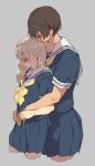  2girls blonde_hair blush brown_hair closed_eyes crotch_grab finger_in_another&#039;s_mouth height_difference highres kei_(m_k) m_k multiple_girls rika_(m_k) saliva school_uniform size_difference tall tall_female tomboy yuri 