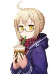  ahoge artoria_pendragon_(fate) blonde_hair braid crown_braid cup disposable_cup drinking_straw drinking_straw_in_mouth fate/grand_order fate_(series) frappuccino glasses holding holding_cup hood hoodie long_sleeves looking_at_viewer medium_hair mysterious_heroine_x_alter_(fate) nonderi round_eyewear scarf sidelocks simple_background upper_body white_background yellow_eyes 