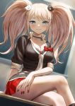  1girl bear_hair_ornament black_choker blue_eyes blurry blurry_background blush bow breasts chalkboard choker cleavage closed_mouth crossed_legs danganronpa:_trigger_happy_havoc danganronpa_(series) enoshima_junko fagi_(kakikaki) hair_ornament highres large_breasts light_particles looking_at_viewer loose_necktie miniskirt monokuma necktie pink_hair red_bow red_nails red_skirt sitting skirt smile solo thighs twintails white_necktie 