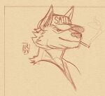  anthro canid canine canis cape_escape clothing coyote hat headgear headshot_portrait headwear hi_res hyprknetc jet_adler male mammal portrait sketch smoking solo text 
