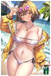  1girl ahoge anis_(nikke) anis_(sparkling_summer)_(nikke) areola_slip beach bikini blue_sky border breasts brown_hair can closed_mouth cloud commentary_request covered_nipples cowboy_shot day eyepatch_bikini goddess_of_victory:_nikke highres holding holding_can jacket jewelry large_breasts looking_at_viewer navel off_shoulder outdoors pendant shirokuma_a short_hair sky smile soda_can solo stomach swimsuit wet white_bikini white_border yellow_eyes yellow_jacket 