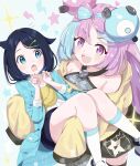  2girls absurdres black_hair blue_eyes blue_hair carrying character_hair_ornament hair_ornament hairclip highres iono_(pokemon) liko_(pokemon) long_sleeves mikumiku37 multicolored_hair multiple_girls pink_eyes pink_hair pokemon pokemon_(anime) pokemon_horizons princess_carry sharp_teeth star_(symbol) teeth thick_thighs thighs two-tone_hair 