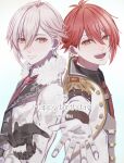  2boys absurdres black_gloves black_shirt brothers closed_mouth collared_shirt dated gloves happy_birthday highres idolish7 jacket kujou_tenn looking_at_viewer multiple_boys nanase_riku necktie open_mouth outstretched_arm pink_eyes pink_hair red_eyes red_hair red_necktie rozerowa shirt siblings smile teeth white_jacket white_shirt 