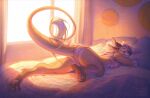  2023 anthro artist_name azuza bed butt closed_smile clothing dated eyes_closed female fur furniture hair lying mouth_closed on_bed on_front orange_body orange_fur pawpads pink_hair smile solo tail tail_tuft tuft underwear white_body white_fur 