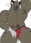  2023 abs aggressive_retsuko anthro armpit_hair barazoku biceps big_muscles blush bodily_fluids body_hair briefs bulge clothed clothing dialogue_box dripping erection flustered fur genital_fluids genitals haida hand_behind_head happy_trail hi_res huge_muscles huge_thighs humanoid_genitalia humanoid_penis hyena jcxraf looking_at_viewer male mammal muscular muscular_anthro muscular_male narrowed_eyes navel nipples obliques pecs penis pictographics precum precum_drip precum_string presenting presenting_penis pubes quads sanrio seductive simple_background solo spotted_hyena standing sweat sweatdrop teeth thick_thighs topless topless_anthro topless_male tuft underwear white_background 