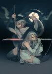  2girls arm_up arms_up black_hair black_thighhighs bukimi_isan elbow_gloves gloves grey_gloves grey_thighhighs highres holding holding_sword holding_weapon japanese_clothes katana long_hair moon mouth_hold multiple_girls night outdoors ponytail sandals shy_(series) siblings sisters sword tennouji_ai_(shy) tennouji_mai_(shy) thighhighs unfinished weapon 