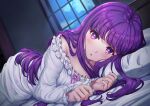  1girl absurdres blunt_bangs blush bright_pupils commentary_request dress dutch_angle fern_(sousou_no_frieren) frilled_sleeves frills head_on_pillow highres indoors long_hair long_sleeves looking_at_viewer lying night nightgown nonoa-cg on_side parted_lips pillow pink_ribbon purple_eyes purple_hair ribbon solo sousou_no_frieren white_dress window 
