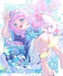  1girl absurdres air_bubble aqua_neckerchief barefoot blue_dress blue_eyes blue_hairband bubble commentary dress fish frilled_dress frills hairband head_tilt highres kururun_(precure) laura_la_mer lilylily0601 long_hair looking_at_viewer neckerchief open_mouth pink_hair precure sailor_collar sailor_dress short_dress short_sleeves smile solo tropical-rouge!_precure underwater white_sailor_collar 