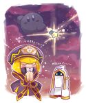  1girl black_dress black_headwear blonde_hair blush blush_stickers border chiimako cloak closed_eyes cloud cloudy_sky commentary_request covered_mouth detached_arm dress eyes_in_shadow gold_trim gradient_sky hands_up hat hood hood_up hooded_cloak hyness kirby:_star_allies kirby_(series) looking_at_another outline outside_border own_hands_together praying purple_sky riding shadow_kirby short_hair sky sleeves_past_fingers sleeves_past_wrists sparkle star_(symbol) translation_request u_u very_long_sleeves warp_star white_border white_cloak white_outline yellow_eyes zan_partizanne 