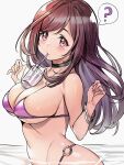 1girl ? bare_shoulders between_breasts bikini black_choker blush breasts brown_eyes brown_hair choker cleavage collarbone cup disposable_cup dot_nose drinking drinking_straw drinking_straw_in_mouth from_side hands_up highres idolmaster idolmaster_shiny_colors in_water large_breasts long_hair looking_at_viewer mouth_hold multiple_bracelets navel o-ring o-ring_bikini object_on_breast pink_nails purple_bikini sideboob simple_background solo speech_bubble swept_bangs swimsuit tem10 tsukioka_kogane underboob upper_body white_background 