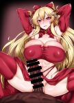  1boy 1girl absurdres bar_censor bare_shoulders blonde_hair bow breasts censored cleavage clothed_sex cowgirl_position empty_eyes gggg girl_on_top granblue_fantasy hair_bow hair_ornament hetero highres large_breasts long_hair navel penis pov pussy red_eyes ribbon sex solo_focus spread_legs squatting_cowgirl_position straddling thighhighs vaginal vira_(granblue_fantasy) 