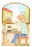  1girl animal artist_name brown_eyes brown_hair cat chair closed_mouth cloud cup day highres holding holding_cup oniheya_53 original painting_(medium) short_hair sitting socks solo table traditional_media watercolor_(medium) window yellow_socks 