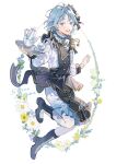 1boy blue_hair boots character_name cup ensemble_stars! flower frills full_body holding holding_tray long_sleeves male_focus open_mouth purple_hair seuga shino_hajime short_hair solo teacup teapot teeth tray upper_teeth_only white_background 