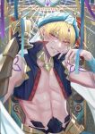 1boy abs bare_pectorals blonde_hair cropped_vest cup earrings fate/grand_order fate_(series) gauntlets gilgamesh_(caster)_(fate) gilgamesh_(fate) hair_between_eyes highres holding holding_cup ichimichi_111 jewelry looking_at_viewer male_focus pectorals red_eyes short_hair single_gauntlet smile solo turban upper_body vest 