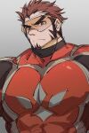  1boy akashi_(live_a_hero) artist_request bara bodysuit facial_hair frown goatee highres huge_eyebrows large_pectorals live_a_hero long_sideburns looking_at_viewer male_focus mature_male muscular muscular_male pectorals red_bodysuit red_eyes red_hair scar scar_on_face scar_on_nose serious short_hair sideburns sketch solo thick_eyebrows upper_body 