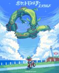  1girl bandana bicycle cloud grass green_bandana highres horizon itzah lighthouse looking_at_another looking_down looking_up may_(pokemon) ocean outdoors pixel_art pokemon pokemon_(creature) pokemon_(game) pokemon_center pokemon_emerald pokemon_rse rayquaza sidewalk sky 