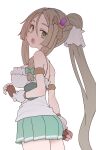  1girl atelier_(series) atelier_lydie_&amp;_suelle breasts brown_gloves brown_hair commentary_request fingerless_gloves firis_mistlud gloves green_eyes green_skirt hair_between_eyes hair_ornament highres large_breasts long_hair looking_at_viewer open_mouth ponytail skirt solo standing sumiyao_(amam) thighs very_long_hair 