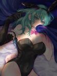  1girl alternate_costume animal_ears black_gloves black_leotard bow bowtie breasts byleth_(female)_(fire_emblem) byleth_(fire_emblem) cleavage commentary_request covered_navel detached_collar elbow_gloves enlightened_byleth_(female) fake_animal_ears fake_tail fire_emblem fire_emblem:_three_houses gloves green_eyes grey_hair hair_between_eyes highleg highleg_leotard highres large_breasts leotard long_hair looking_at_viewer lying mokichi_xx pink_bow pink_bowtie playboy_bunny rabbit_ears rabbit_tail single_elbow_glove solo tail 