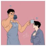  !? 2boys ? apron artist_name bara black_hair blush couple cup grey_apron holding holding_cup kashikahaya large_pectorals looking_at_another male_focus multiple_boys muscular muscular_male nipples original pectorals short_hair simple_background yaoi 