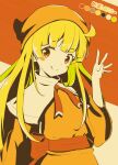  1girl blonde_hair blush_stickers brown_eyes capelet color_guide eyelashes highres jazz_grace limited_palette long_hair long_sleeves looking_at_viewer orange_theme puyopuyo robe smile solo split_mouth very_long_hair white_capelet wide_sleeves witch_(puyopuyo) yellow_headwear 
