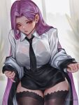  1girl black_skirt blush bra breasts fate/stay_night fate_(series) highres indoors large_breasts long_hair medusa_(fate) medusa_(rider)_(fate) necktie purple_eyes purple_hair sayanestia see-through skirt thighhighs underwear wet wet_clothes 