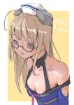  1girl ahoge blue_eyes blue_shirt breasts cleavage glasses heywood_l._edwards_(kancolle) highres kantai_collection leaning_forward light_brown_hair long_hair n-mori one-hour_drawing_challenge shirt small_breasts solo twitter_username upper_body white_headwear yellow_background 