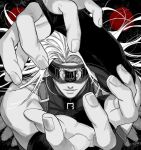  1boy bare_shoulders blind blindfold bodysuit fingerless_gloves gloves guilty_gear guilty_gear_strive long_hair male_focus monochrome muscular sleeveless sleeveless_bodysuit xal_atath zato-1 