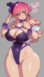  1girl agawa_ryou breasts curvy earrings grey_background hat headband jewelry large_breasts long_hair looking_to_the_side one-piece_swimsuit original pink_eyes pink_hair ribbon simple_background solo swimsuit thick_thighs thighs wide_hips 
