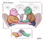  &lt;3 2023 achuchones_(unicorn_wars) anthro azulin_(unicorn_wars) bear bottomwear clothing duo_focus gordi_(unicorn_wars) green_body group hand_holding hi_res humanoid_hands mammal pants pink_body shirt sitting slightly_chubby spuuuns topwear unicorn_wars 