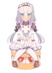  1girl :o absurdres anyadesu_yo apron black_dress blue_eyes bow bowtie brown_footwear commentary_request dress frilled_apron frills full_body grey_hair hair_bobbles hair_ornament highres kanna_kamui knees_together_feet_apart kobayashi-san_chi_no_maidragon long_hair low_twintails maid_apron maid_headdress pantyhose parted_lips puffy_short_sleeves puffy_sleeves red_bow red_bowtie scrunchie shoes short_sleeves simple_background sitting solo twintails very_long_hair white_apron white_background white_pantyhose wrist_scrunchie 