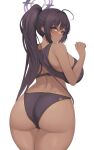  1girl ahoge ass bare_shoulders bikini black_bikini black_hair black_sports_bra blue_archive breasts commentary cowboy_shot dark-skinned_female dark_skin from_behind halo hand_up high_ponytail highres huge_breasts karin_(blue_archive) kuavera long_hair looking_at_viewer looking_back number_print parted_lips raised_eyebrows simple_background solo sports_bikini sports_bra sportswear sweat swimsuit thick_thighs thighs very_long_hair white_background yellow_eyes 