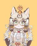  1girl absurdres animal_costume animal_ear_fluff animal_ears bespectacled bow bowtie cat_ears cat_girl closed_mouth extra_ears geoffroy&#039;s_cat_(kemono_friends) glasses green_eyes highres kanmoku-san kemono_friends kemono_friends_v_project long_hair looking_at_viewer microphone multicolored_hair ribbon round_eyewear shirt simple_background skirt suspenders twintails virtual_youtuber yellow-framed_eyewear 