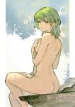  ! 1girl ass blush completely_nude covering_breasts covering_privates day embarrassed feet_out_of_frame from_behind green_eyes green_hair herayoshi highres holding holding_towel kiki_(herayoshi) knee_up letterboxed looking_at_viewer looking_back nude nude_cover original outside_border short_hair sitting solo spoken_exclamation_mark towel twitter_username wet 